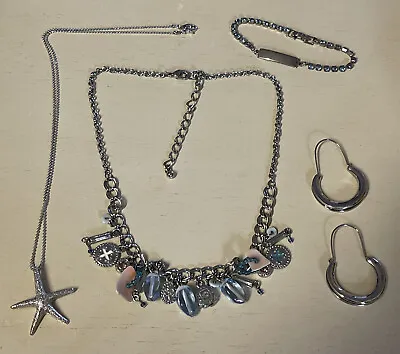 JEWELRY Lot Charm Necklace Vintage Rhinestone Bracelet & Earrings Silver Finish • $19.89