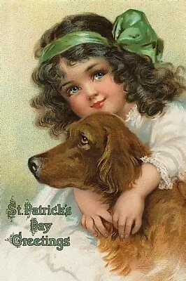 TWO 4x7 Vintage St. Patrick's Day Girl W. Irish Setter Cotton Fabric Blocks • $14.80