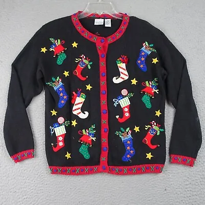 Vintage Christmas Sweater Women's Black Red Cardigan Cotton Stockings Sz S • $17.70