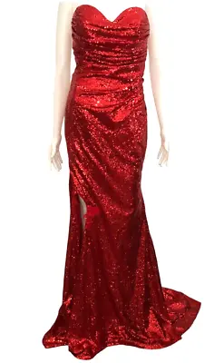 $99 • Buy Kristina B Dress Red Sequined Strapless Side Slit Special Occasion Size XS-S