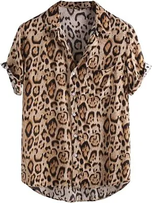 Men's Summer Spread Collar Short Sleeve Leopard Print Loose Fit Beach Shirt • $12.99