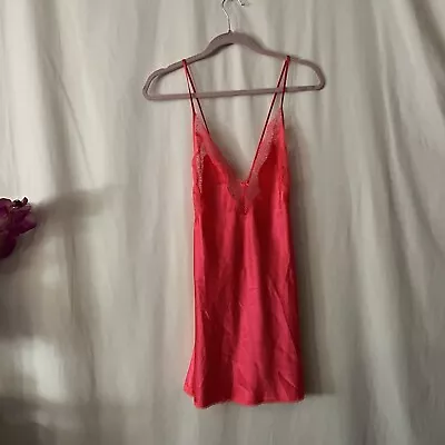 Victorias Secret Hot Pink Lace Slip Chemise Nightie Adjustable Dress Sz Med • $25