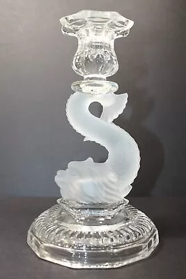 $50 • Buy Vtg Art Glass Clear & Frosted Satin Koi Fish Dragon Taper Candlestick Holder