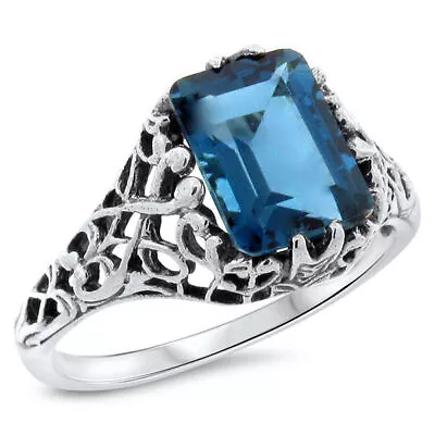 2 Ct GENUINE LONDON BLUE TOPAZ VICTORIAN STYLE 925 STERLING SILVER RING     687Z • $47