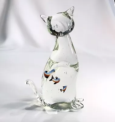 Vintage 8 3/4  Hand Blown Art Glass Cat 2 Multi Color Fish In Belly 3.4 Lb. • $22.10