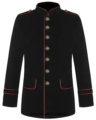 Mens Military Coat Red Piping Jacket Black Gothic Steampunk VTG Style • $33.99