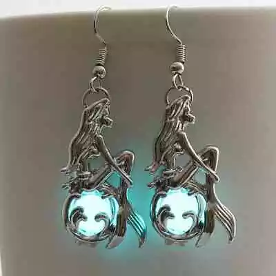 Delicate Mermaid Design With Glow In The Dark Moonstone Retro Earrings Silver • $10.99