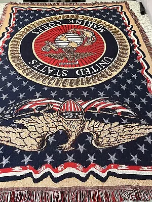 US Marine Corps Woven Fringed Afghan Tapestry Throw Blanket 70 X50  • $32