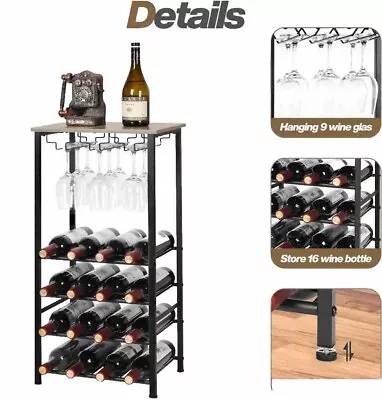 16 Wine Bottle And Glass Rack Freestanding Floor Metal Storage Holder Rustic • $30.49