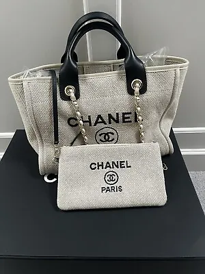 Authentic Chanel Deauville Bag Tote Small Beige Black With Chip Receipt! Classic • £3200