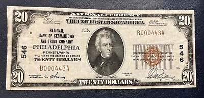 1929 $20 NATIONAL BANK GERMANTOWN PHILADELPHIA PA NATIONAL CURRENCY Ch# 546 • $149.99