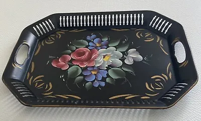 Vintage Toleware Metal Tray With Handles Hand Painted With Floral Roses • $26.99