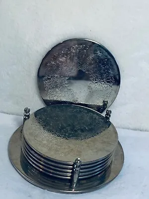 Vintage Coaster Set 6 With Holder Silver Tone Metal Engraved Rubber Backing • $14.95