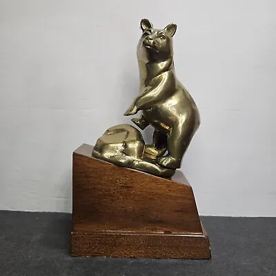 Vintage Bookend Brass Bear Market On Wood Stand Wall Street • $17.85