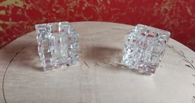 Pair Of Vintage Clear Crystal Square Ice Cubed Votive Taper Light Candle Holders • $22