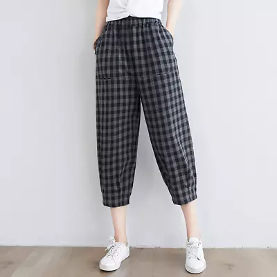 Women Plaid Pants Cropped Trousers Cotton Linen Check Loose Elastic Waist • £23.42