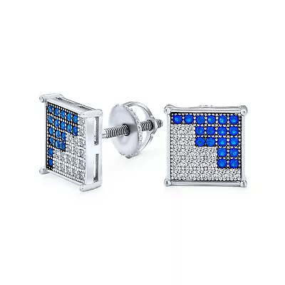 Black Blue Zig Zag Square Micro Pave CZ Stud Earrings Sterling Silver • $26.99