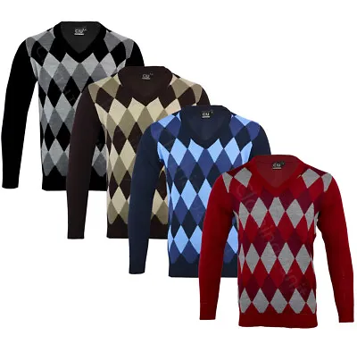  Mens Argyle V Neck Long Sleeve Sweater Jumper Golf Casual S-XXL • $18.64