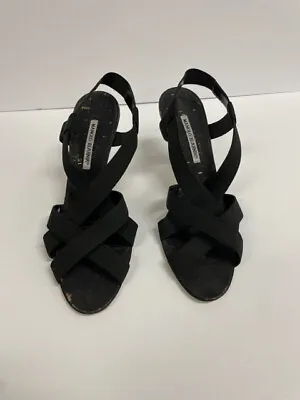 Manolo Blahnik Black Satin Sling Backs Heels Size 10 DS18 • $59.99