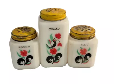 McKee Tipp City Milk Glass Spice Shakers Jars W Red Poppies SET OF 3 Sugar S&P • $29