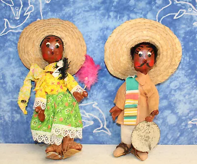 **Lot Of 2 Mexican Folk Art Oil Cloth Dolls W/Large Sombrero Straw Hats; 1 Stand • $8.47
