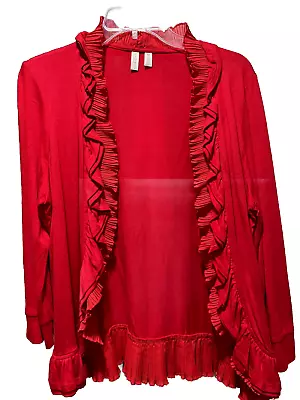 Madison Size M Red Knit 3/4 Sleeve Ruffle Open Shrug Cardigan • $9.99