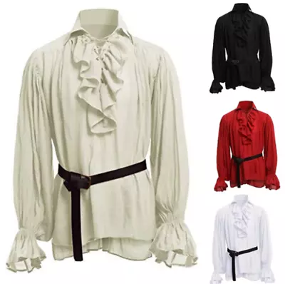 Retro Men Gothic Shirt Top Victorian Medieval Ruffle Pirate Puff Sleeve Bandage • £24.80