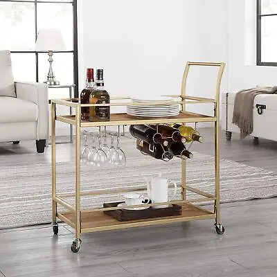 2 Tiers Bar Serving Cart W/ Wine Rack & Glass Holder Storage Wheeled Metal Frame • $85.99