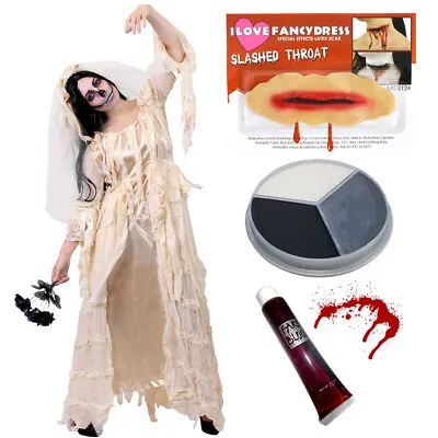 Ladies Zombie Bride Costume Deluxe Halloween Fancy Dress Facepaint Fake Blood • £51.39