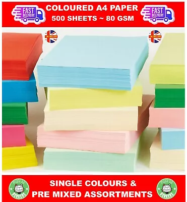 500 X A4 COLOURED PAPER 80GSM SHEETS - Standard Printer Copier Ream Arts & Craft • £0.99