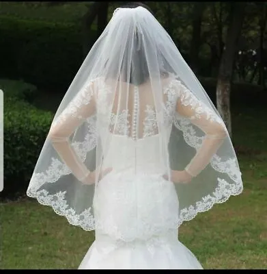 UK 1 Tier Fingertip Length Bridal Lace Appliques Edge Wedding Veil With Comb • £8.39