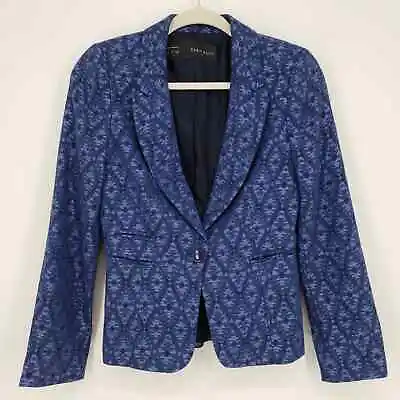 Zara Jacquard Blazer Jacket XS Aztec Tribal One Button Cotton Blend Blue NWT • $29.75