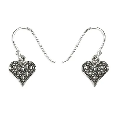 Marcasite Heart Drop Earrings Solid Sterling Silver 10mm Width Gift Box. • £23.99