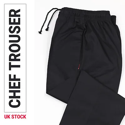Black CHEF TROUSER Elasticated Waist Catering Restaurent Kitchen Pub Workwear UK • £12.99