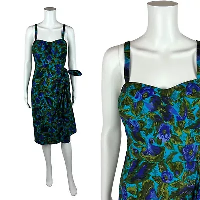 Vintage 1950s Sarong Dress Women's XS Blue Green Floral Wiggle Hawaiian Tiki • $318