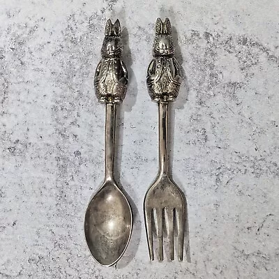 Vintage 1900s Silver Peter Rabbit Baby Fork & Spoon Childrens Utensils RARE • $244.95