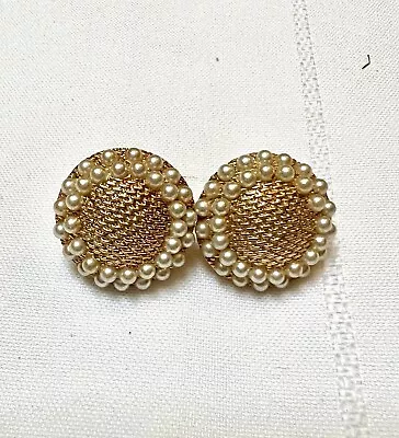 Crown Trifari Clip On Earrings Gold Tone Faux Pearls Vintage • $22