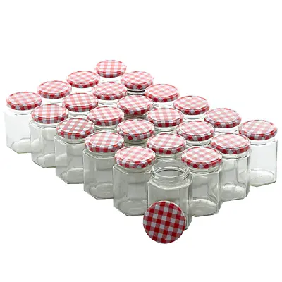 New Jam Jars 250ml Wide Mouth Glass Preserve Pots Gingham Red Lids Modern Zeno • £12.95