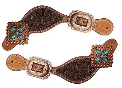 Showman Ladies Tooled Leather Spur Straps W/ Vintage Turquoise Stone Conchos • $30.95