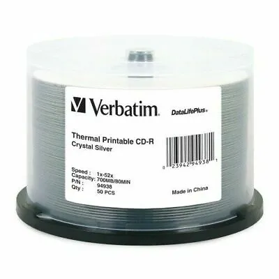 Verbatim 94938 Blank CD-R 50 Pack Crystal Silver Thermal Printable Free Sleeves • $25