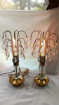 Vintage Hand Cut Lead Crystal Waterfall Lamps 17  Tall Set Of 2 • $85