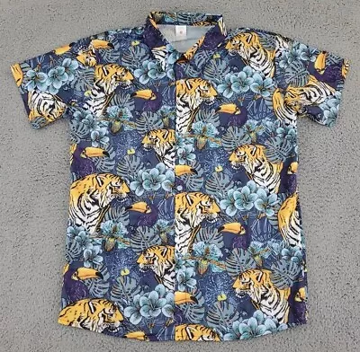 Tiger Toucan Shirt Mens Medium Multicolor Button-Up Floral Jungle Bird Adult A32 • $23.34