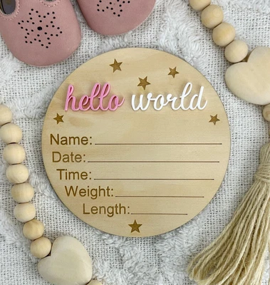 Birth Announcement Plaque | Hello World Newborn Sign | Baby Announcement Plaque • $25