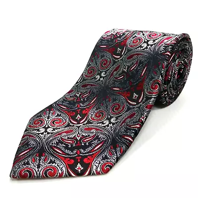 Van Heusen Luxury Tie Red Black Silver Paisley Woven Silk Necktie Hand Made • $7.98