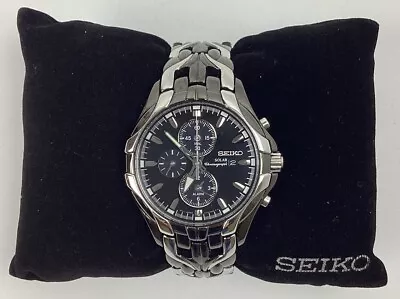 SEIKO SSC139 Men's Solar Chronograph Black Dial Stainless Steel Watch • $200