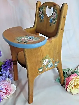 Vintage DOLL FURNITURE High CHAIR Hand Painted SOLID OAK Handmade TOY 19.5  Tall • $79.95