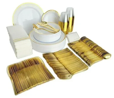 $79.99 • Buy 400 Piece Gold Disposable Plastic Plates & Dinnerware Set For 50 Guests