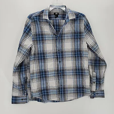 H M Shirt Mens Medium Blue Plaid Button Up Long Sleeve Collared Casual Work • $1