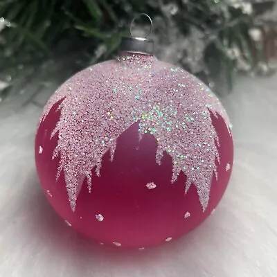 Vintage Blown Glass Christmas Ornament Pink Dots Snow Capped Ball 2.75  • $14.88