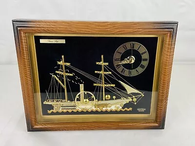 Vintage Rhythm Quartz Clock Japan Steam Ship Boat Metal Part Collage Shadowbox • $35